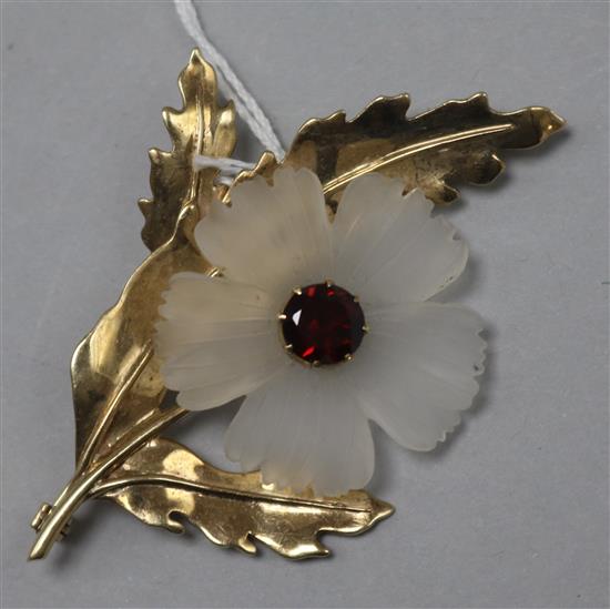 A 9ct gold, frosted glass and gem set flower head brooch, 64mm.